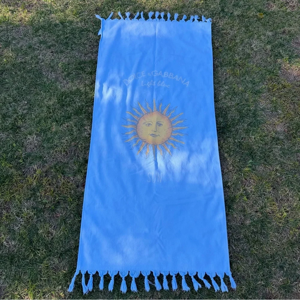Dolce&Gabbana Light Blue Celestial Sunface Fringed Cotton Beach Towel 26x55 READ